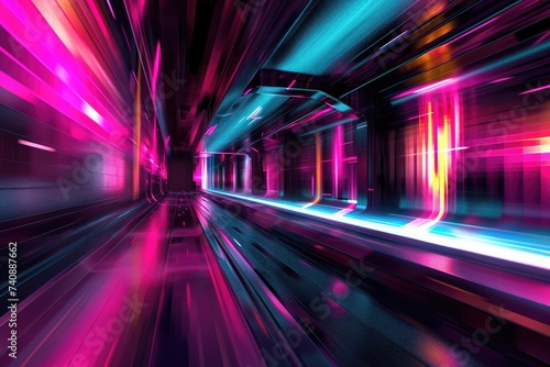 A long tunnel stretching into the distance, adorned with vibrant neon lights that cast an otherworldly glow, Fusion of neon and monochrome colors in an abstract, futuristic design, AI Generated