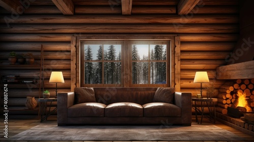 Interior of a wooden log cabin with a warm and textured log wall