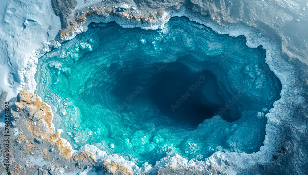 Aerial View of a Deep Blue Ice Hole in a Snowy Arctic Landscape. Lake in glacier. - obrazy, fototapety, plakaty 
