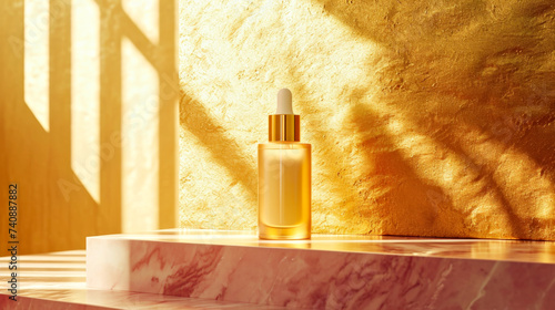 Luxury Golden Cosmetic Spray Bottle on Textured Yellow Background with shadows. Cosmetic bottle on stone podium. Presentanion of organic SPA cosmetical product. photo