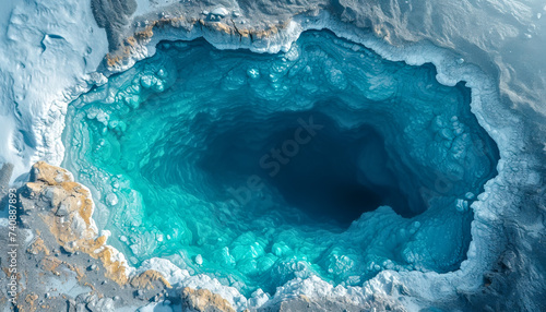 Aerial View of a Deep Blue Ice Hole in a Snowy Arctic Landscape. Lake in glacier. photo