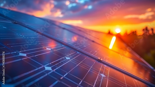 Solar panels angle towards the vibrant sunset, optimally positioned to absorb the last rays, embodying the promise of renewable energy sources. © Sodapeaw