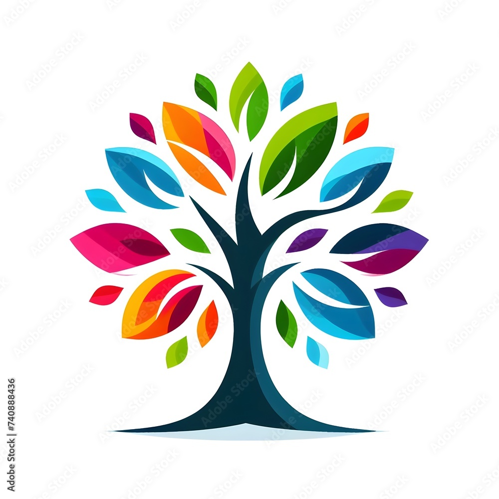  Colorful abstract tree logo design with 7 multi-colored leaves. 