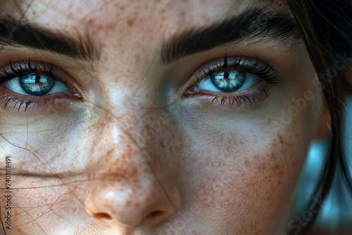 Close-up of a young woman with freckles and blue eyes