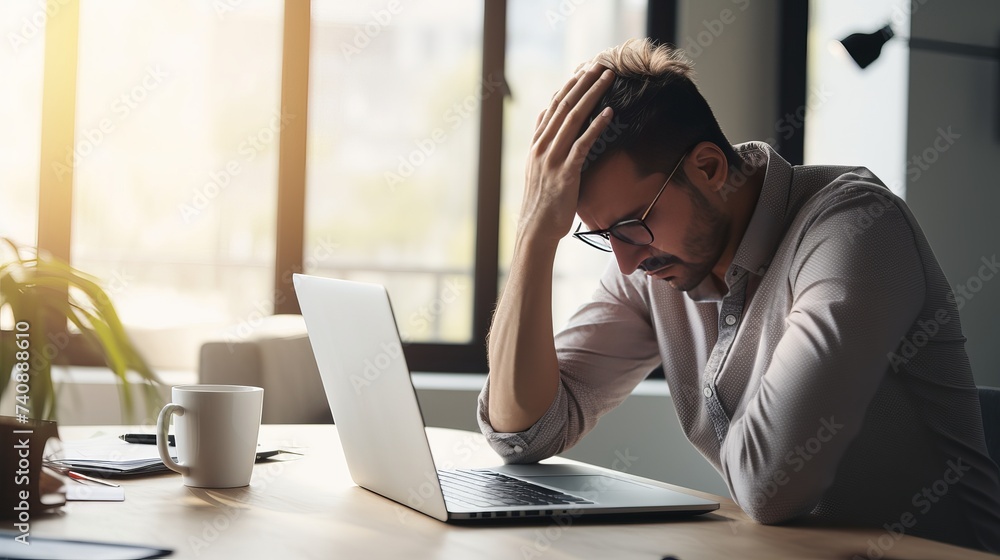 Man holding sore neck while using notebook computer. He sitting at table. Sick worker concept Man holding sore neck while using notebook computer. He sitting at table. Sick worker concept