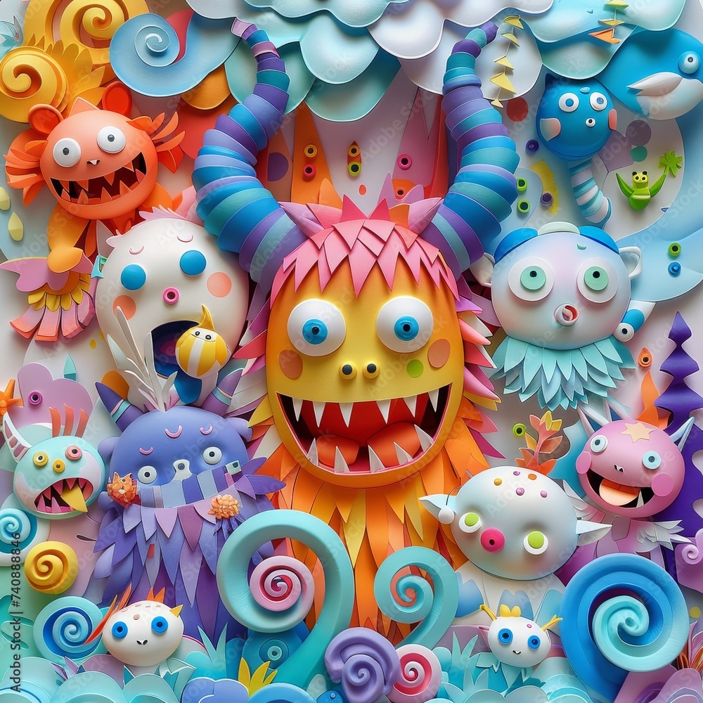 A vibrant and playful paper art display of whimsical monsters in a fantasy world, bursting with colors and imaginative designs.
