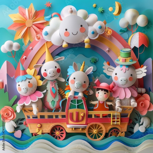 A playful and whimsical paper art scene depicting colorful storybook characters on a fantasy train ride through a magical landscape.