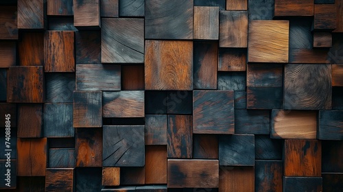 Abstract wooden wall made of cubic shapes, textured background with geometric shapes, surface design in a modern style