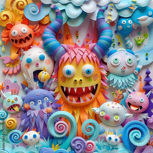 A vibrant and playful paper art display of whimsical monsters in a fantasy world, bursting with colors and imaginative designs.