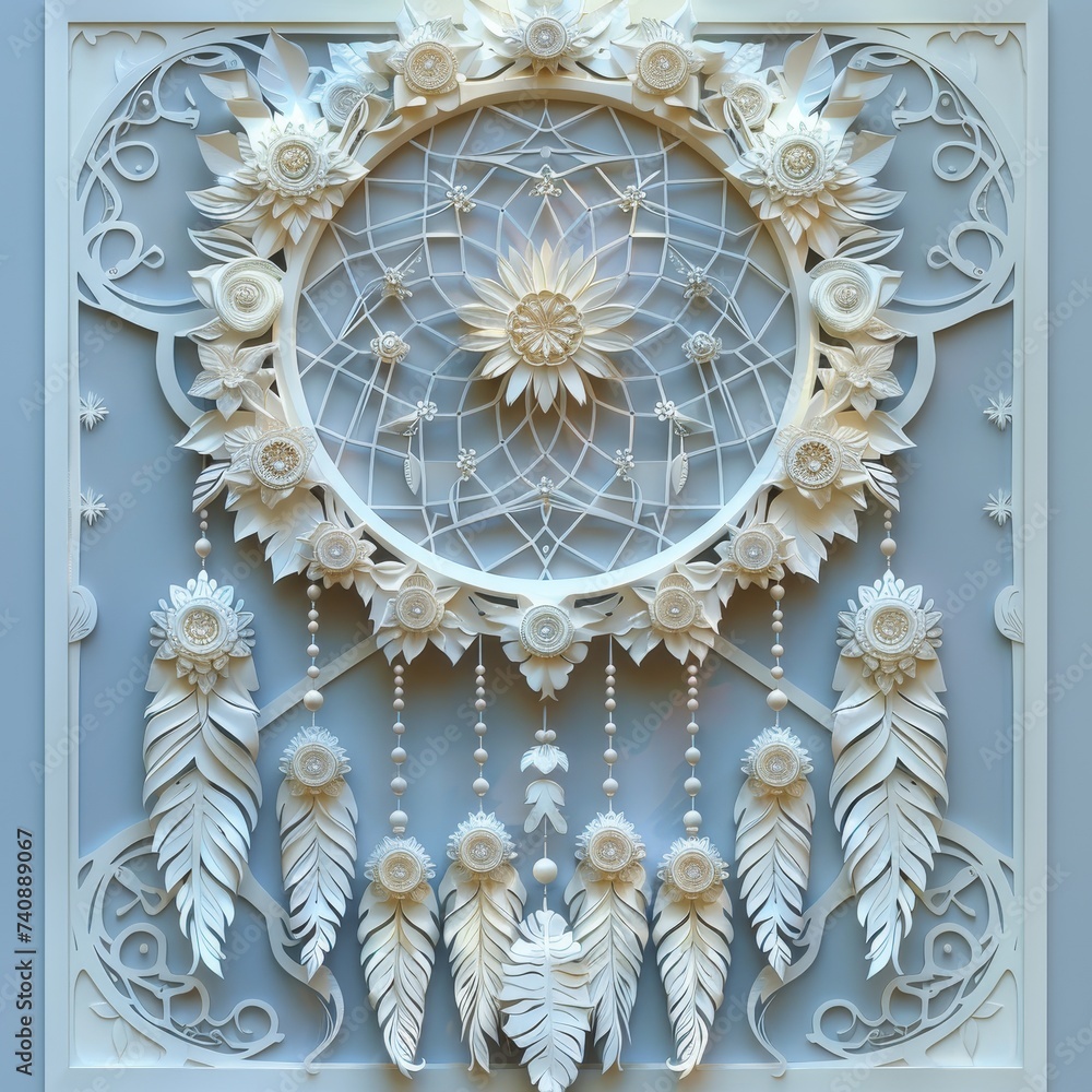 A sophisticated white dreamcatcher, beautifully crafted with paper flowers and feathers, presented in a shadow box for artistic display.