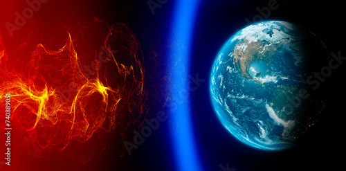 Sun and solar storm, Earth's magnetic field, Earth and solar wind, flow of particles. Rising temperatures. Global warming. Ozone hole. 3d rendering photo