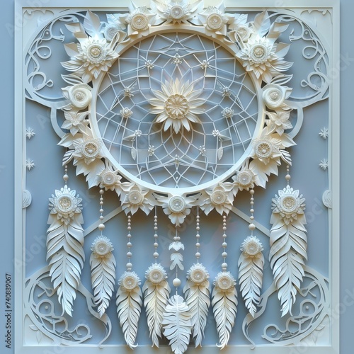 A sophisticated white dreamcatcher  beautifully crafted with paper flowers and feathers  presented in a shadow box for artistic display.