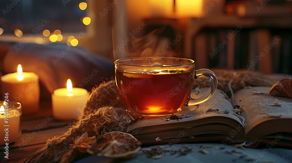 Warm Tea Time Ambiance with Book and Candles