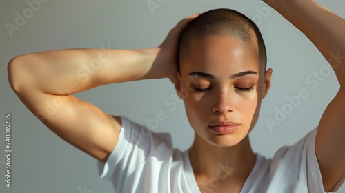Young woman with extreme hair loss alopecia. Ai generated image