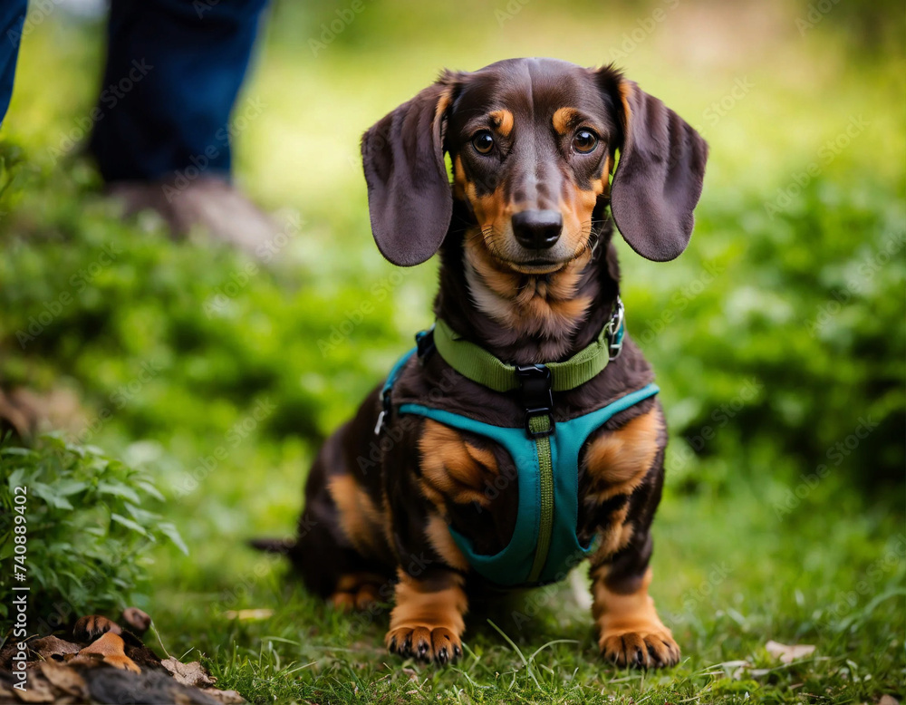 The Dachshund Sausage dog poses with his whole body in nature The Dachshund Sausage dog poses with his whole body in nature
