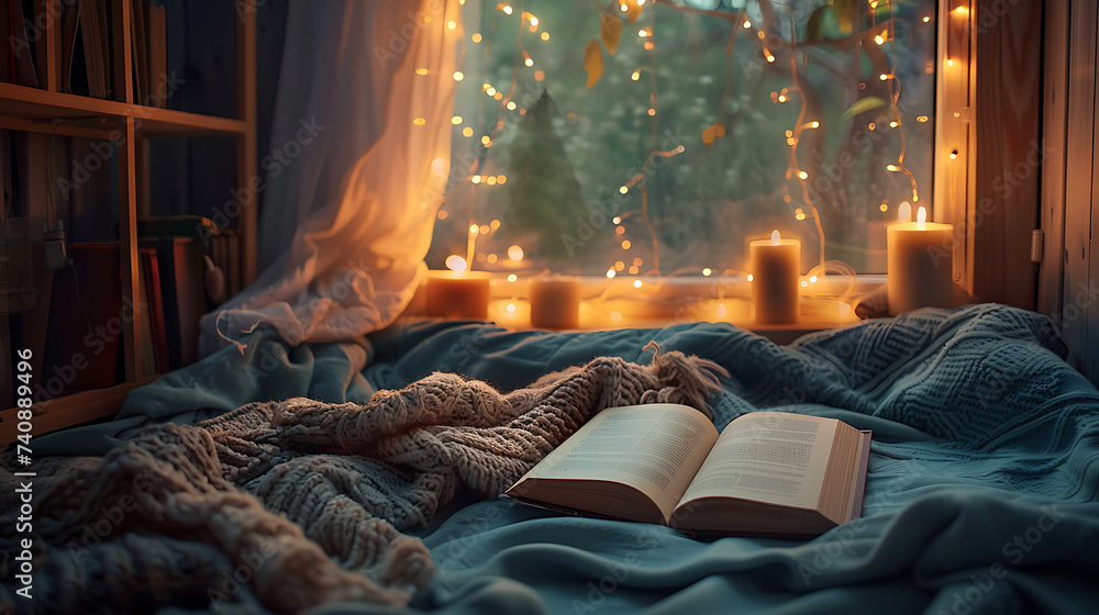 Cozy Reading Nook with Open Book and Fairy Lights - obrazy, fototapety, plakaty 