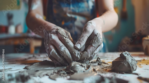 Potter's Hands Molding Clay on Workshop Table © tongpanyaluk