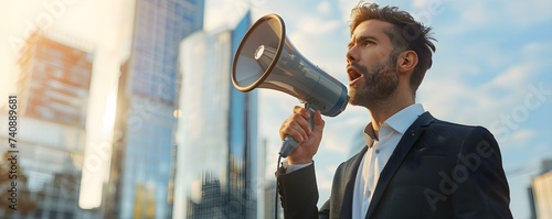 Man in suit using megaphone amid urban cityscape Executing business promotions. Concept Business Promotions, Urban Cityscape, Megaphone, Businessman in Suit