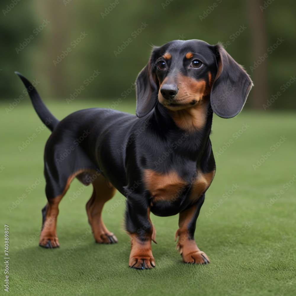 The Dachshund Sausage dog poses with his whole body in nature