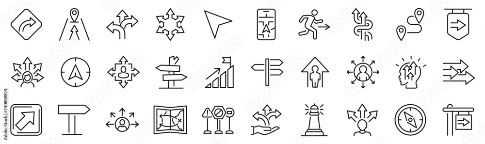 Set of 30 outline icons related to guidance. Linear icon collection. Editable stroke. Vector illustration - obrazy, fototapety, plakaty 