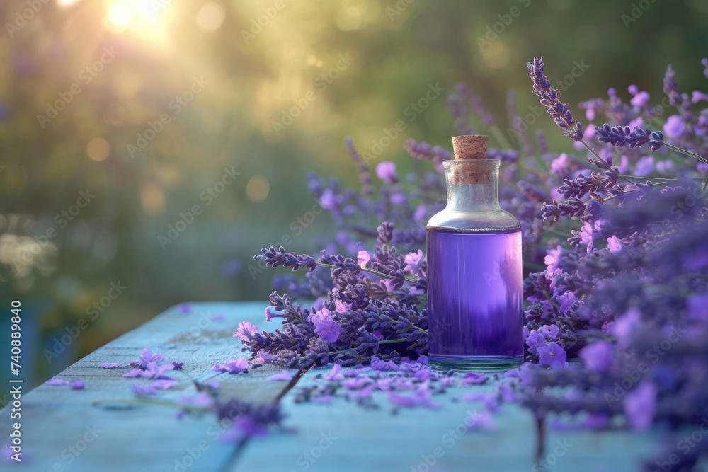 A translucent blue bottle filled with lavender essence on an aged wooden table surrounded by scattered lavender flowers. Copy space A translucent blue bottle filled with lavender essence on an aged wooden table surrounded by scattered lavender flowers. Copy space