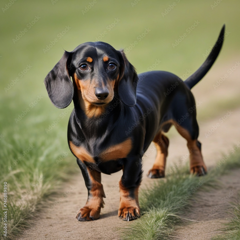 The Dachshund Sausage dog poses with his whole body in nature The Dachshund Sausage dog poses with his whole body in nature