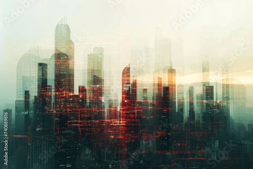 Aerial View of a Bustling Metropolis With Skyscrapers and High-Rise Buildings, Futuristic city skyline construction visualized through double exposure, AI Generated