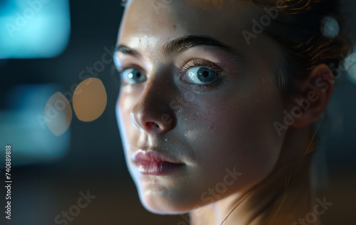 Woman's intense gaze in moody lighting