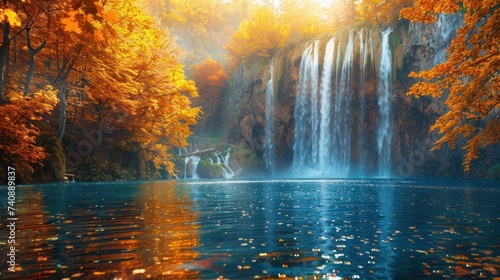 Exotic waterfall and lake panorama landscape of Plitvice Lakes, UNESCO natural world heritage and famous travel destination of Croatia. photo