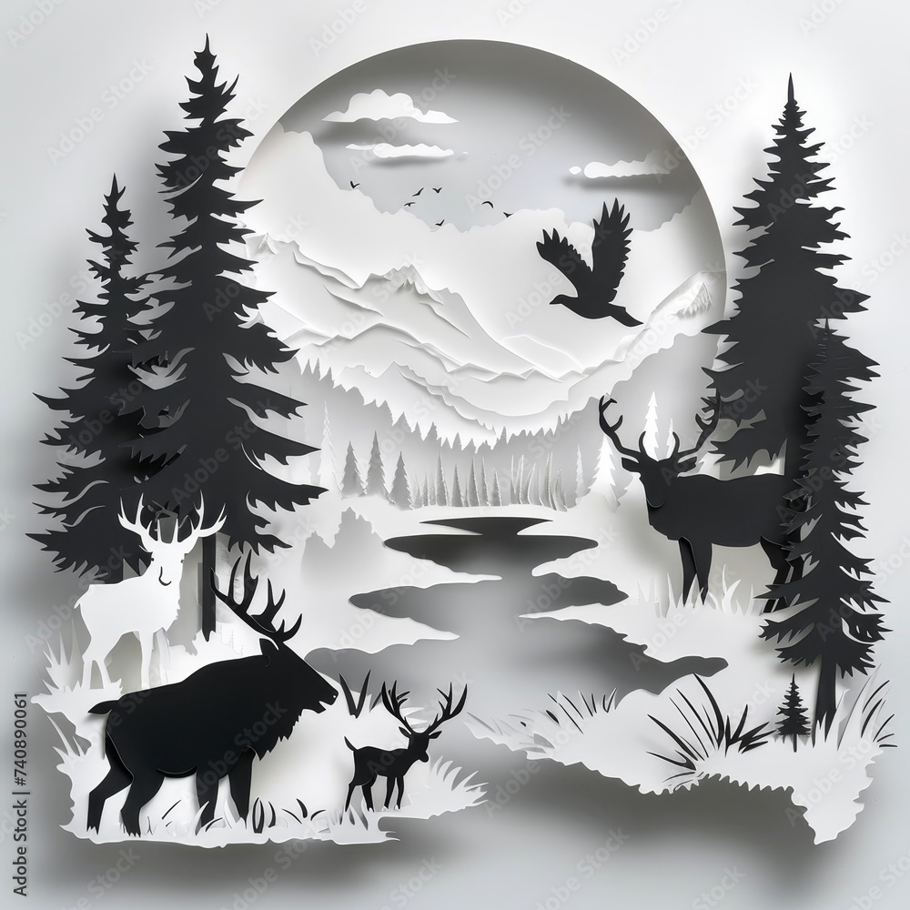 Fototapeta premium This monochrome paper cut scene presents a tranquil landscape with deer grazing, soaring birds, and majestic mountains under a full moon.