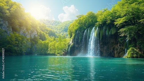 Exotic waterfall and lake panorama landscape of Plitvice Lakes, UNESCO natural world heritage and famous travel destination of Croatia. photo