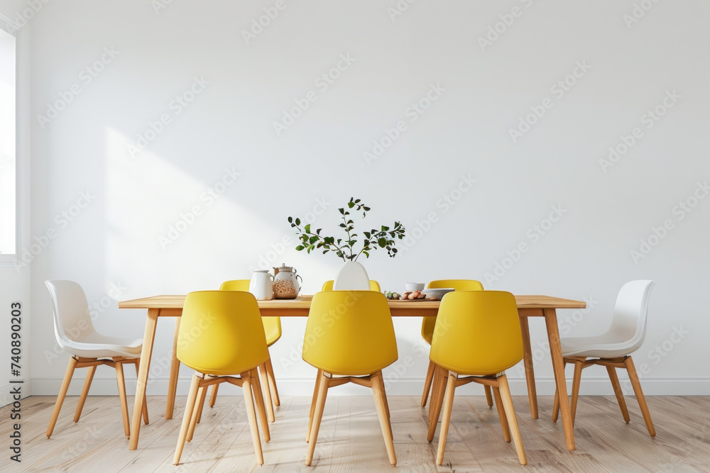 Obraz premium Simplistic dining area with light wood table, yellow chairs, and pendant light.