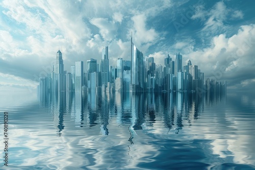 A bustling cityscape emerges from the waters of the ocean, highlighting man-made structures and urban activity, Futuristic cityscape reflected in the calm water, AI Generated