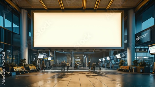 Ads. big mock up of horizontal blank advertising billboard or light box showcase at airport, copy space for your text message or media content, advertisement, commercial and marketing concept