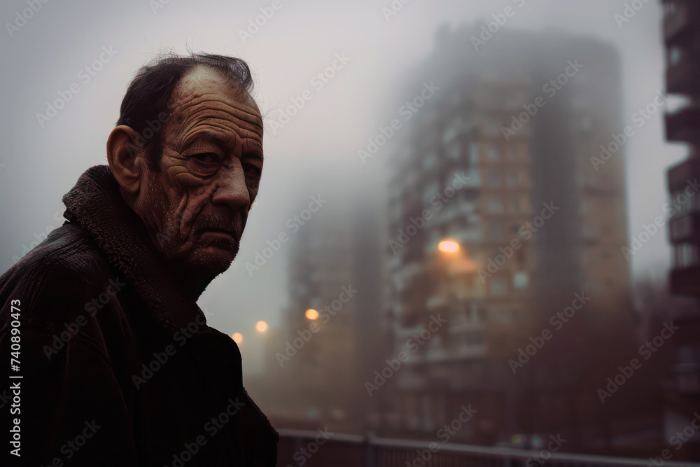 Young person in city lights on foggy night Young person in city lights on foggy night