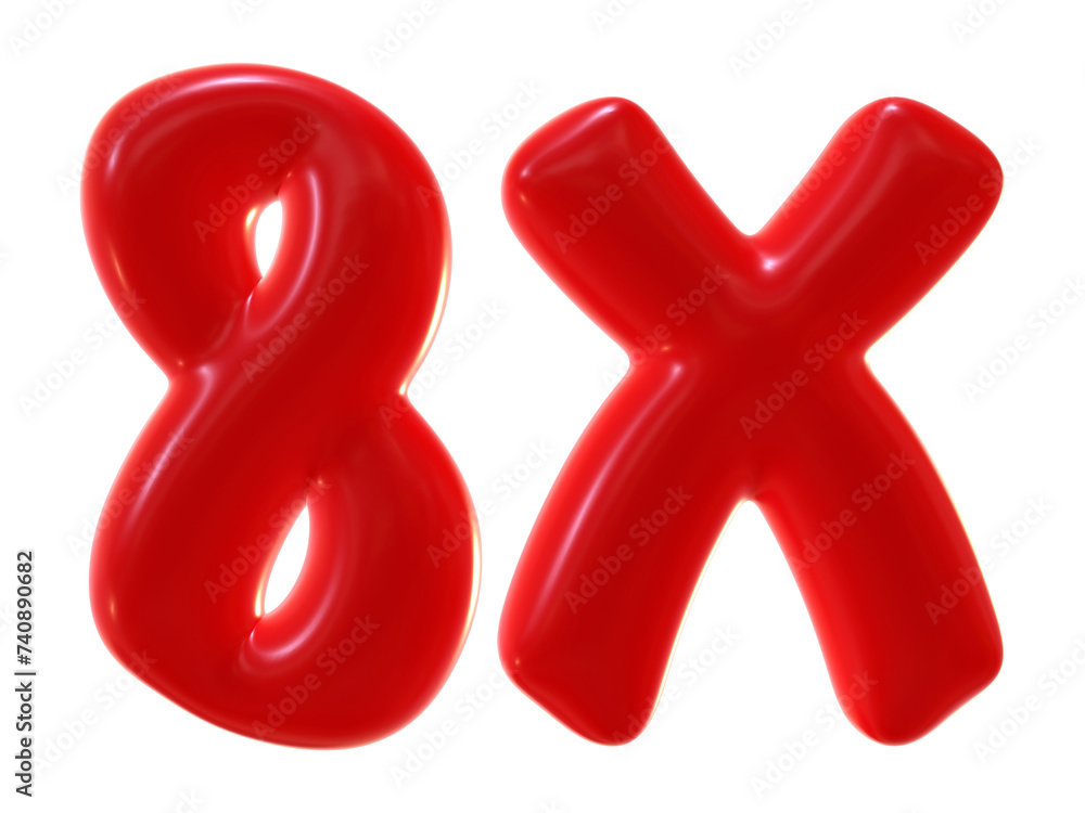 8x with red color isolated on transparent background. 3d number and letter icon for double and bonus concept 8x with red color isolated on transparent background. 3d number and letter icon for double and bonus concept