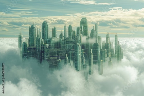 An aerial photograph showcasing a densely populated urban area surrounded by a thick layer of clouds, Futuristic design of cloud storage as a virtual city, AI Generated