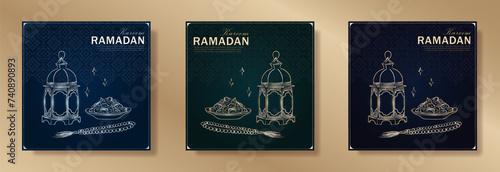 Set of Ramadan Kareem greeting cards with hand drawn linear golden and silver Arabic lantern, Muslim rosary praying beads and dates as a dish for Iftar. Dark green and blue posters for Eid Mubarak