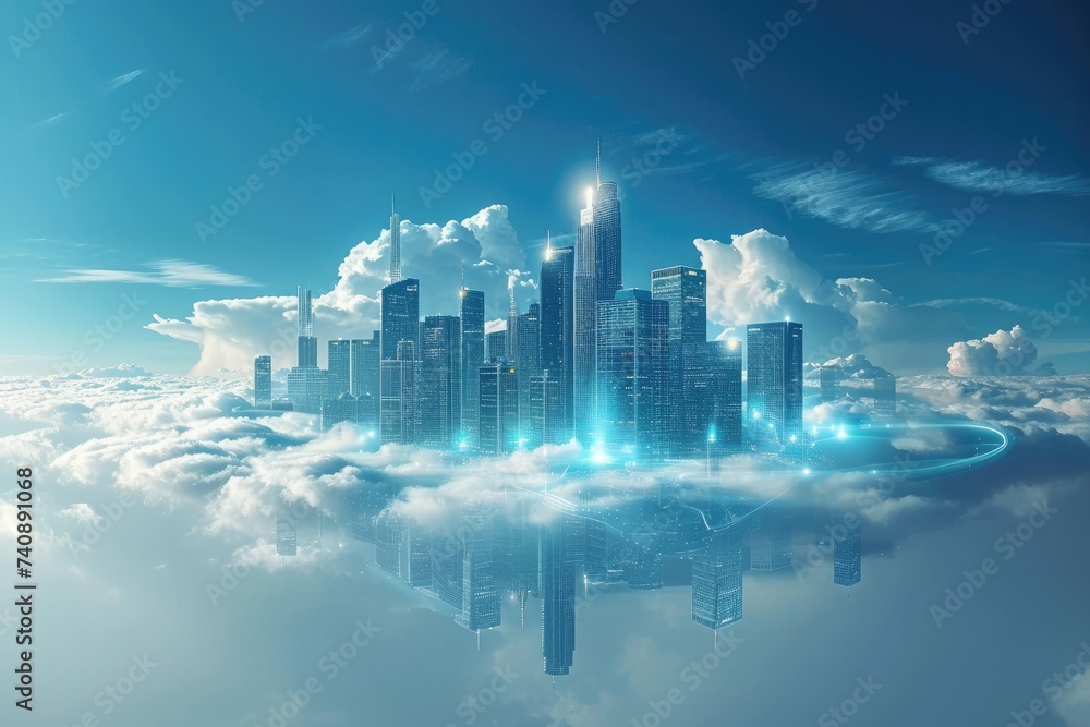 A photo of a modern metropolis immersed in clouds, showcasing a futuristic cityscape, Futuristic design of cloud storage as a virtual city, AI Generated