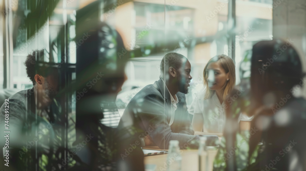 Two professionals are engaged in a focused conversation at a table in a modern office environment, with reflections and foliage adding depth to the scene. - obrazy, fototapety, plakaty 