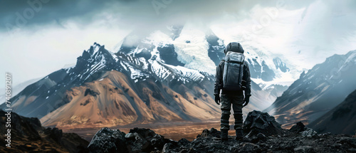 Astronaut standing on alien landscape