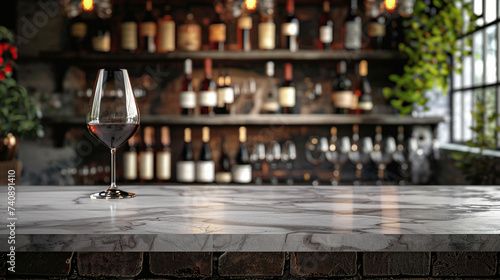 A blank marble tabletop with blurred wine glasses and bottles in the background suitable for showcasing wine or beverage products photo