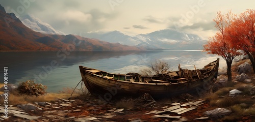 Fantasy landscape with old boat on the lake. Generative AI © ceoJAHID