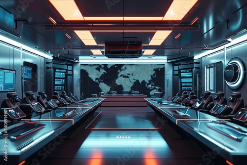 A large room featuring a meticulously crafted map displayed on the wall, Futuristic empty classroom with hi-tech gadgets and no students, AI Generated
