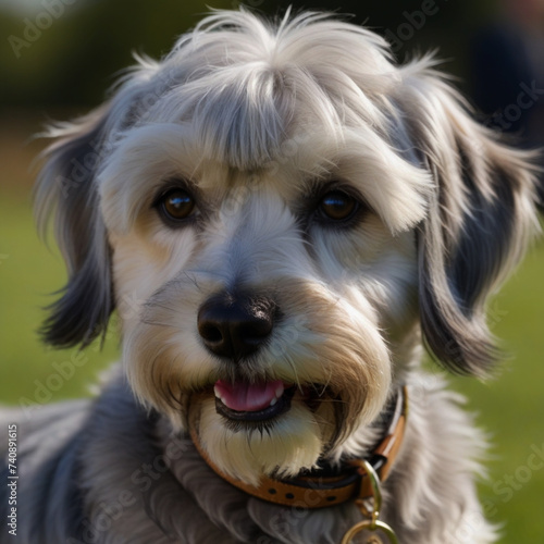 The Dandie Dinmont Terrier dog poses with his whole body in nature photo