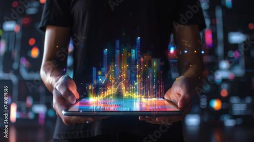person interacting with a futuristic tablet that projects vibrant, holographic data charts and graphs