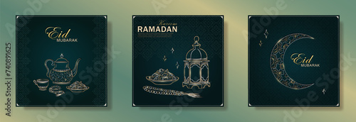 Set of dark green greeting cards with hand drawn linear golden Iftari food, arabic lantern and ornamental Muslim crescent moon for Ramadan holy month. Template of Eid Mubarak square banners