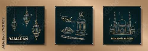 Set of dark green Ramadan Kareem square greeting cards with hand drawn linear golden Mosque, Arabic lanterns, dates for Iftar, Muslim rosary praying beads. Template of Eid Mubarak outline banners