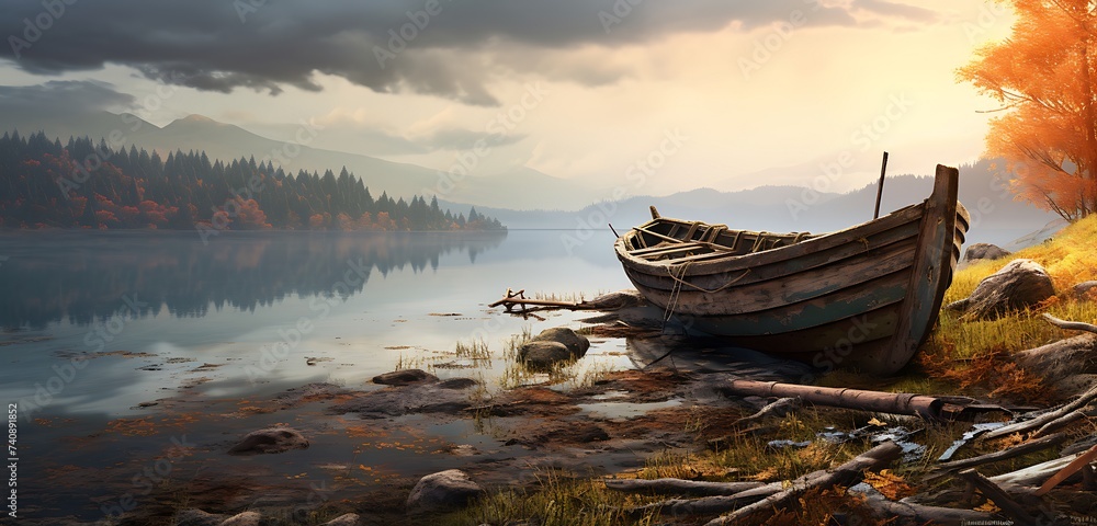 old rusty fishing boat on the slope along the shore of the lake. Generative AI old rusty fishing boat on the slope along the shore of the lake. Generative AI