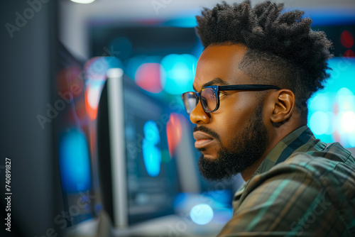 Focused African American man in glasses enhancing tech skills at a modern workspace, embodying continuous learning and professional development. photo